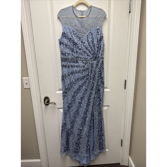 Mac Duggal Size 14 Blue 5619 Sequins  Beaded Illusion Neck Formal Gown 5619 Prom - Picture 5 of 16